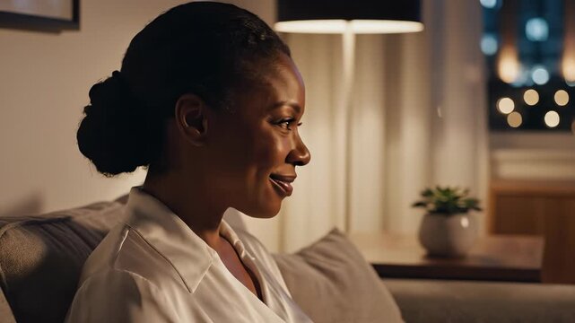 Contemplative woman at home reflecting on life moments. Evening atmosphere creates tranquility and warmth. Emotional connection evident in her smile.