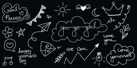 girl power doodle elements on black background vector set, you go girl hand drawn doodles on black backdrop, women empowerment sketch icons on dark background