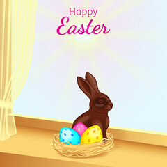 Happy Easter square vector illustration with chocolate bunny and colorful eggs in nest on sunny windowsill with morning light and copy space for text.
