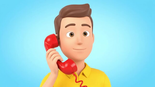3D cartoon character talking on red telephone with blue background