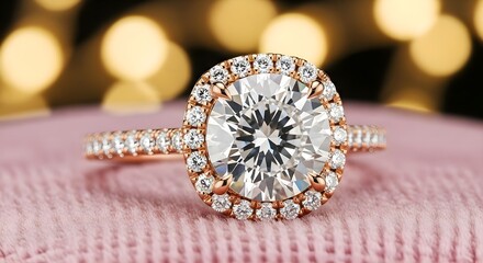 Fototapeta premium Luxury Engagement Ring: Sparkling diamond halo ring on pink velvet surface with golden bokeh lights, bridal jewelry, wedding anniversary, expensive gift, romance and elegance concept