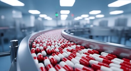 Pharmaceutical Production Line: Red and white medical capsules moving on conveyor belt in laboratory, medicine manufacturing, drug factory, clinical research, healthcare and industry concept