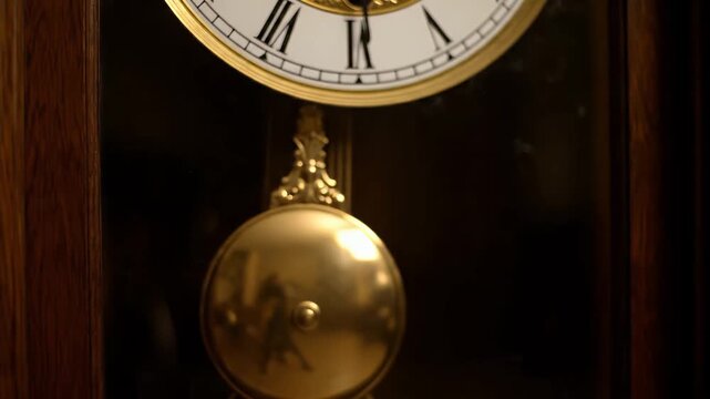 A golden pendulum swings beneath a clock face in a dark wooden enclosure viewed from a close-up perspective