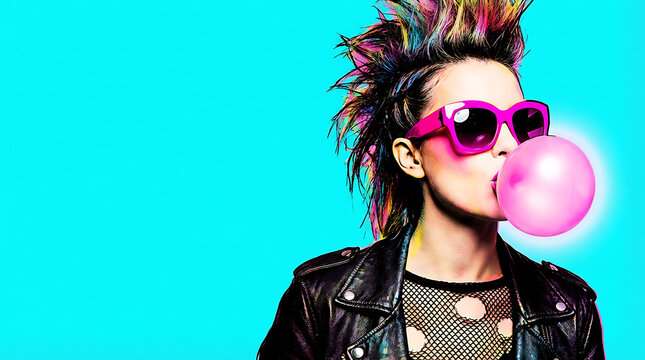 Young woman with colorful hair blowing bubblegum against blue background  