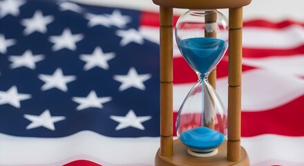 USA Election Deadline: Hourglass with blue sand placed in front of waving United States flag, american democracy, political voting, countdown, government policy and national patriotism concept