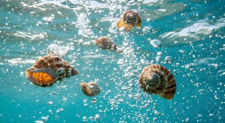 Underwater Sea Shells: Tropical conch shells floating in clear blue ocean water with air bubbles, marine life, sea snail, aquatic nature, summer vacation and coastal ecology concept