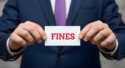 Legal Penalties: Businessman hands holding small card with red FINES text, financial punishment, law enforcement, corporate regulation, tax violation and compliance concept