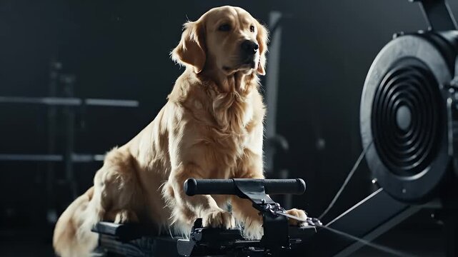 A golden retriever sitting on a rowing machine in a dark gym environment, viewed from the side.