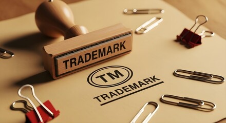 Trademark Registration: Wooden stamp and paper with TM symbol and clips on desk, brand protection, intellectual property, legal copyright, business identity and patent concept