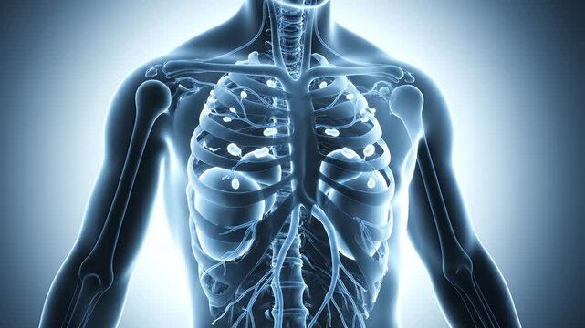 Human torso anatomy illustration showing internal organs and circulatory system from a frontal viewpoint