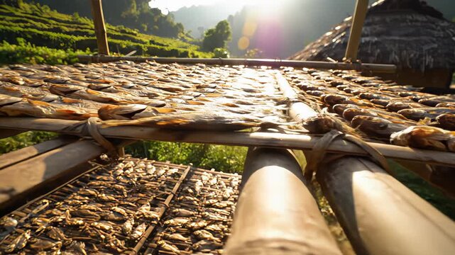 Sunlit Outdoor Drying Rack With Numerous Fish Under Golden Sunlight And Lush Green Terraced Hillsides In The Background