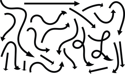 A diverse array of hand drawn arrows with medium thickness lines showing different paths