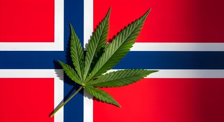 Cannabis in Norway: Green marijuana leaf placed over Norway flag background, drug legalization, herbal medicine, social policy, plant culture and national law concept