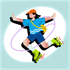 Cartoon illustration of a girl camping