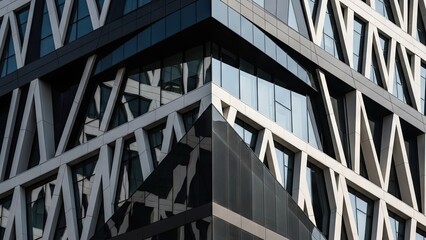 A modern office building with a unique geometric design exterior