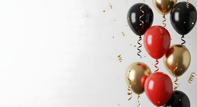 Elegant Red and golden ,black Balloons with golden confetti on a white background
