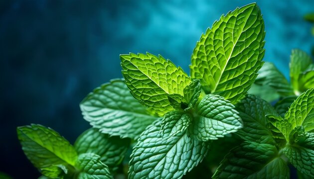 Close Up Of Vibrant Green Mint Leaves With Dark Blue Background