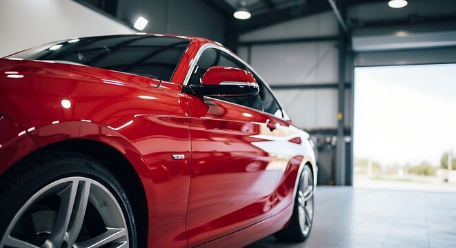 Red sports car interior warehouse lighting reflection