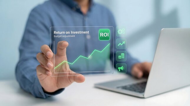 Businessman analyzing projected return on investment growth using a digital futuristic interface near laptop