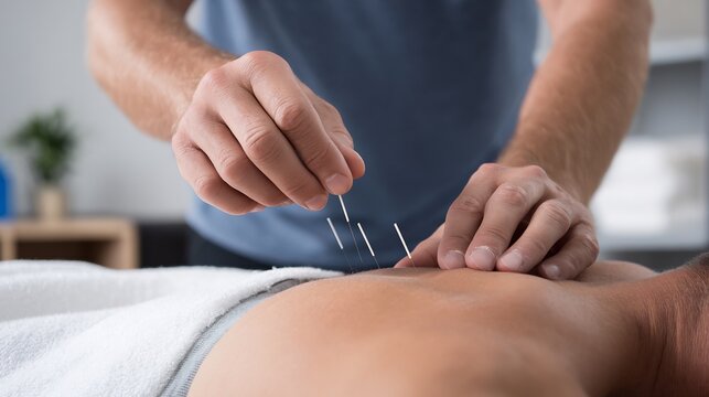 Martial artist performing dry needling therapy muscle tension physiotherapist applying fine needles sterile room