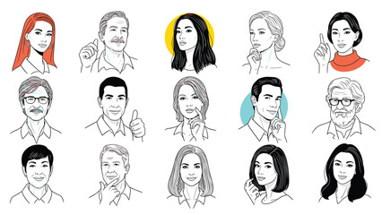 Array of fifteen diverse human portraits presented in a modern line art style with subtle color highlights and expressions.
