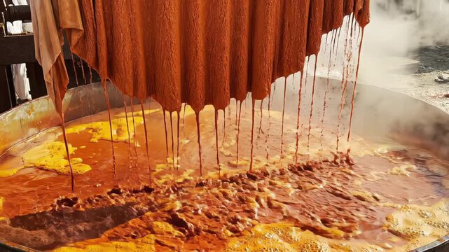 Traditional Sugar Cane Juice Boiling Process in a Large Industrial Vat with Steam Rising Creating a Rich Amber Color Liquid and Foamy Texture Overhead Close Up Shot