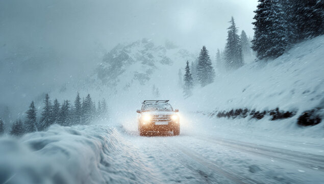 Suv driving on snowy mountain road during winter blizzard with strong fog and falling snow