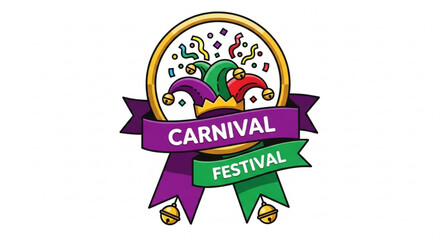 Colorful carnival festival badge with jester hats and ribbons on white background for party and celebration themes