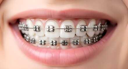 Dental Braces Smile: Close up of female mouth with metal orthodontic brackets and wires on white teeth, dental alignment, healthcare treatment, stomatology, beauty and orthodontics concept