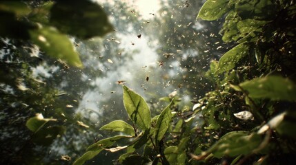 Obraz premium Tree branches and many leaves blowing away during a powerful storm from a low angle view