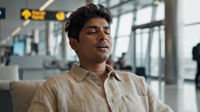 Young traveler practicing mindfulness and deep breathing in an airport lounge. Man relaxing and meditating while waiting for a flight. Stress management concept