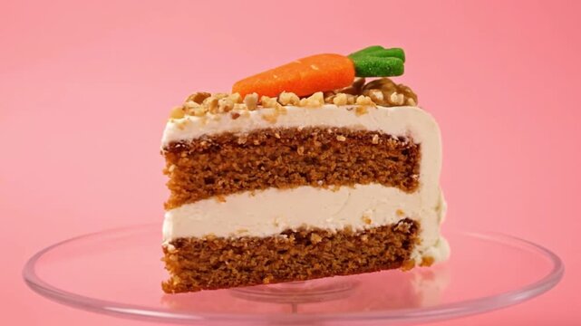 Slice of carrot cake with cream cheese frosting on glass plate