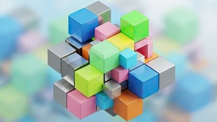 Obraz premium A colorful 3D rendering of cubes in various bright hues and shades