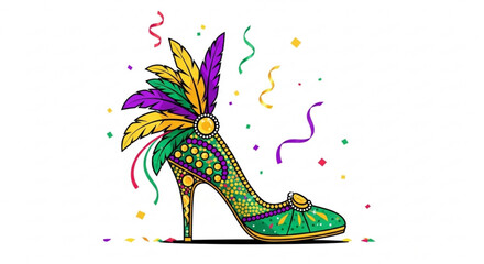 Colorful mardi gras high heel shoe with feathers and confetti on white background for carnival celebrations © Mkhan