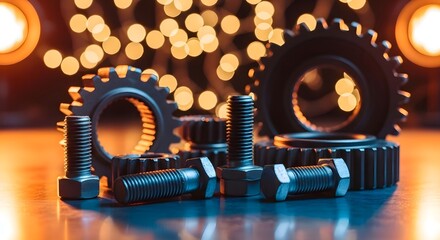 Industrial Machine Parts: Steel bolts and metal gears arranged on dark surface with golden bokeh lights, engineering equipment, mechanical repair, technical maintenance, precision and strength concept