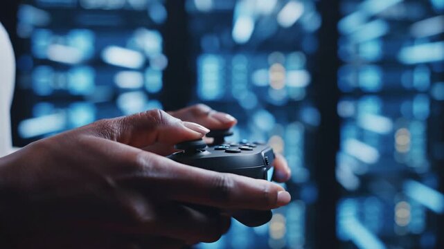 digital transformation automation ecosystem concept. Hands holding video game controller against blurred screen background