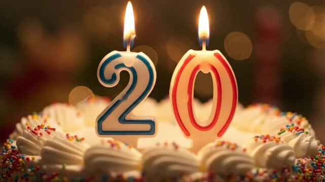 20th birthday cake with lit number candles and colorful sprinkles