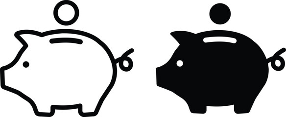 Piggy Bank Icon Set - Minimalist Black Outline and Solid Silhouette Money Box Symbols for Finance Banking and Savings Vector Illustration