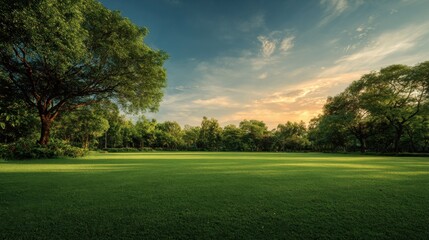 Obraz premium Background texture of clean and wellmaintained grass lawn with a variety of trees in the background against beautiful sky Vacant ground or empty unpowered campsite in a park Copy.