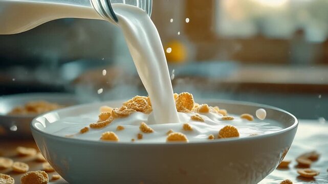 Milk Splash Over Cornflakes In Bowl.