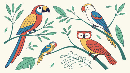 Obraz premium Gemini saidCute cartoon vector illustration of a tropical macaw parrot with colorful feathers perched on a green jungle tree branch in nature wildlife