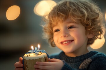Naklejka premium Joyful child holding a gift box illuminated with warm fairy lights
