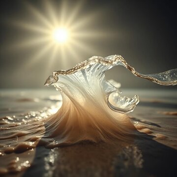 Sunlit crests unfurl in a slow dance, a liquid ribbon kissing the shore,  elemental,  beauty
