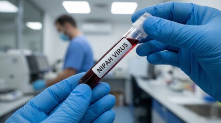 Nipah virus blood test in laboratory setting macroshot of gloved hands medical research environment health science perspective