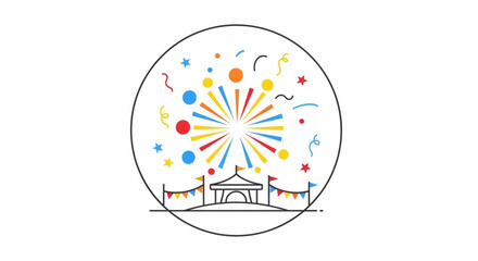 Obraz premium Colorful illustration of a festive carnival scene with fireworks and confetti in a circle