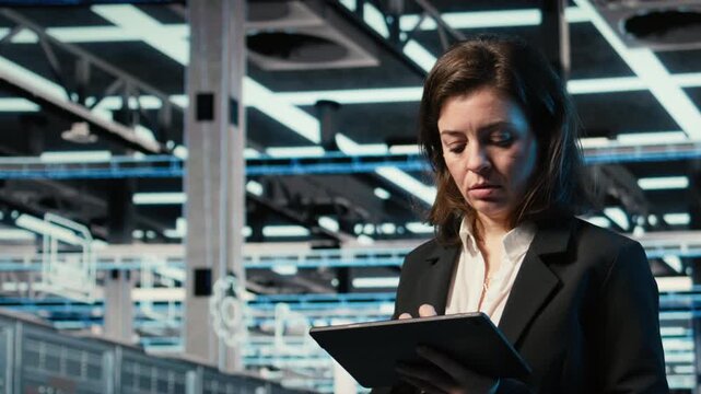Close up of data center DevOps engineer optimizing server load balancing using tablet. Server farm worker adjusting system parameters on device to improve efficiency, camera A