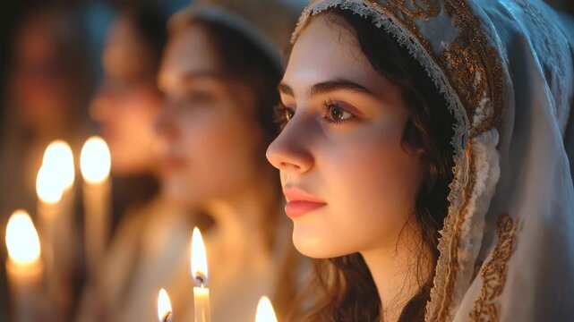 Young woman in a headscarf praying in a dark church, her face illuminated by candlelight
