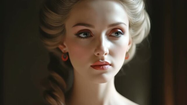 Close-up portrait of a gorgeous noblewoman with a vintage hairstyle and rococo style clothing