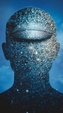 Human silhouette filled with a sparkling galaxy texture as a single cyclops eye closes