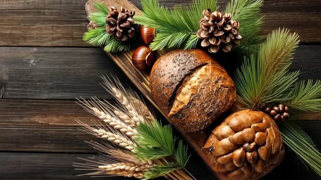 Various breads and natural ingredients arranged on a wooden table with pine cones and wheat placed around it